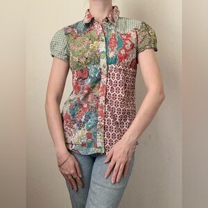 Colorful Bohemian Patchwork Button Down Blouse Shirt